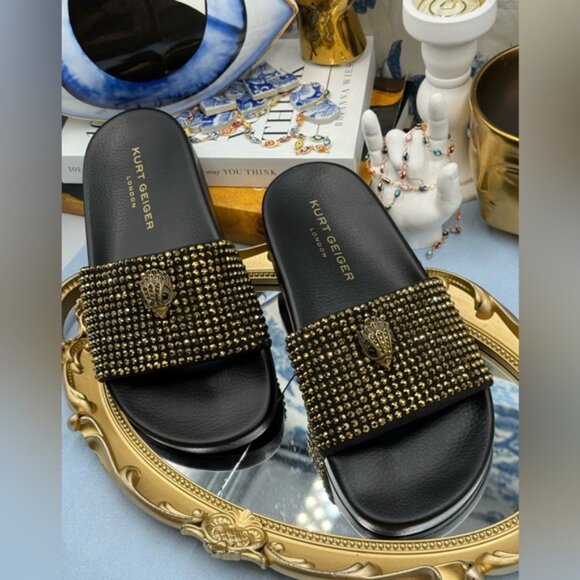 🆕 KURT GEIGER LONDON 🧿 NWOB Meena Eagle Black & Gold Studded Slide, Sz 6.5 - Picture 5 of 13